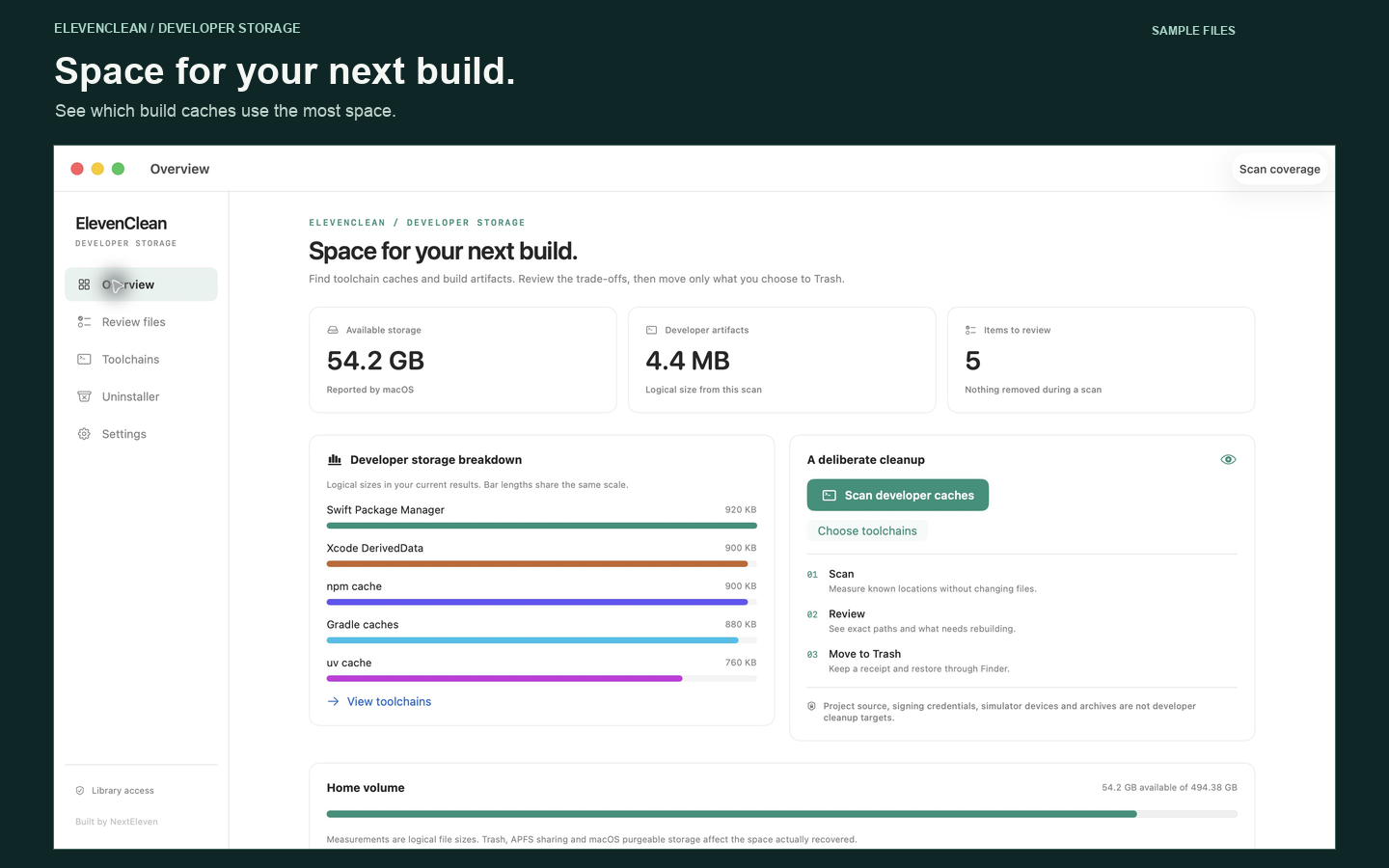 ElevenClean Overview with measured toolchain sizes and a developer storage breakdown, using sample files.